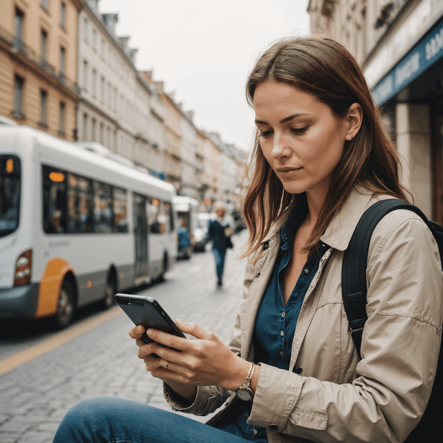 Woman using smartphone while traveling, checking mobile internet plan options