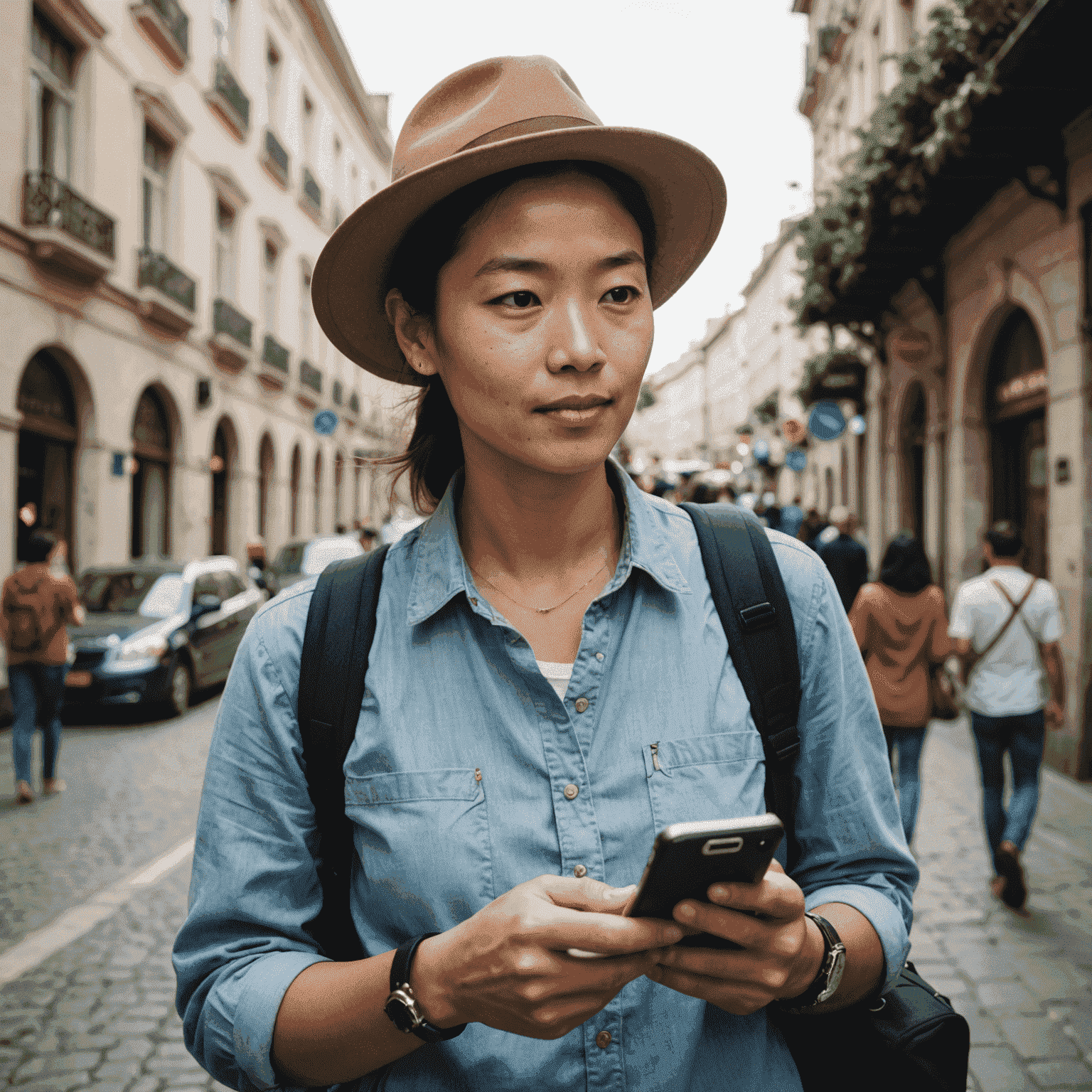 Traveler using a mobile phone to navigate and communicate while abroad