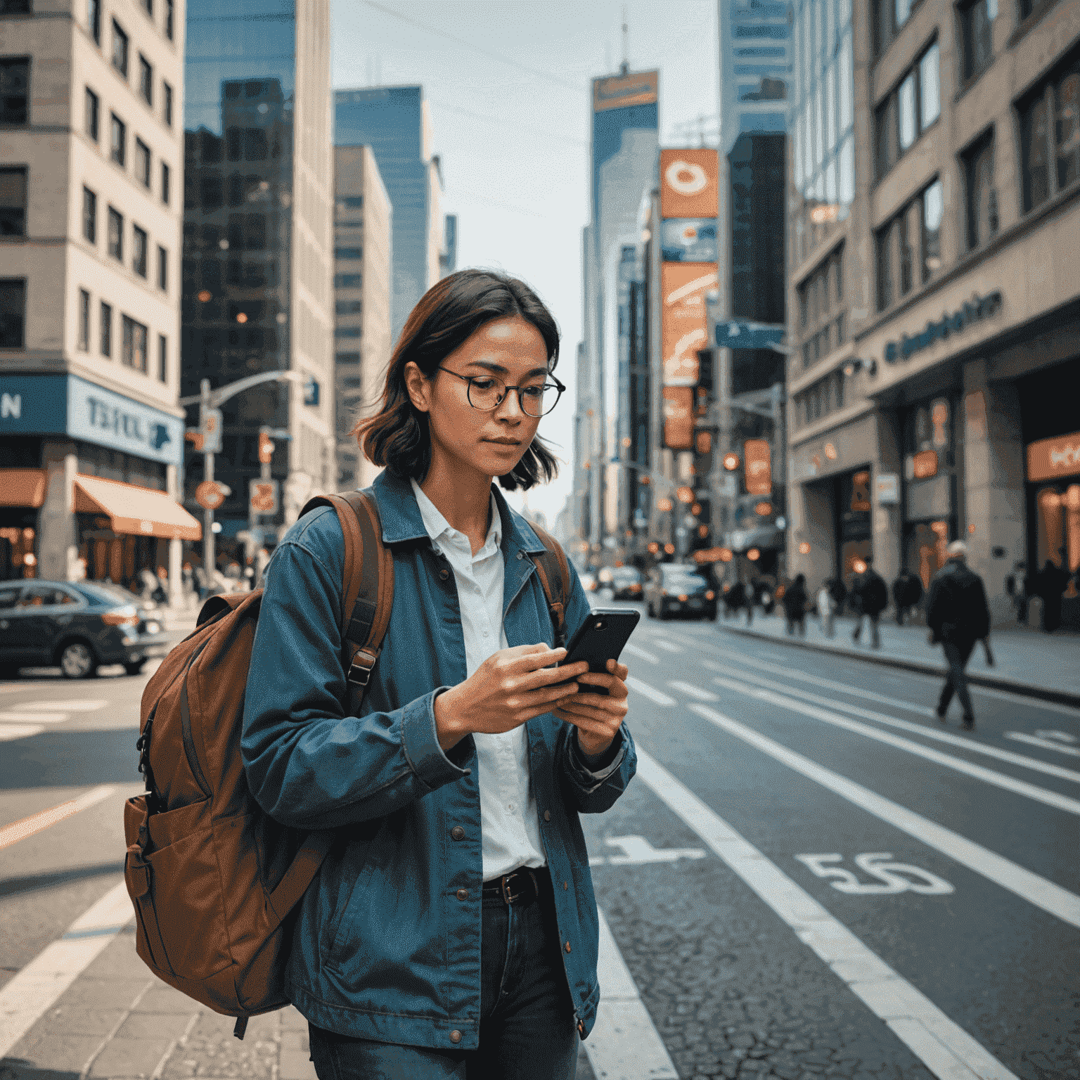 Illustration showing a traveler easily navigating a foreign city using their smartphone with a reliable 5G connection, with no dropped calls or slow loading times